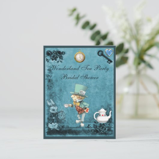 Blue Mad Hatter Wonderland Tea Party Vrijgezellenf Kaart (Staand voorkant)