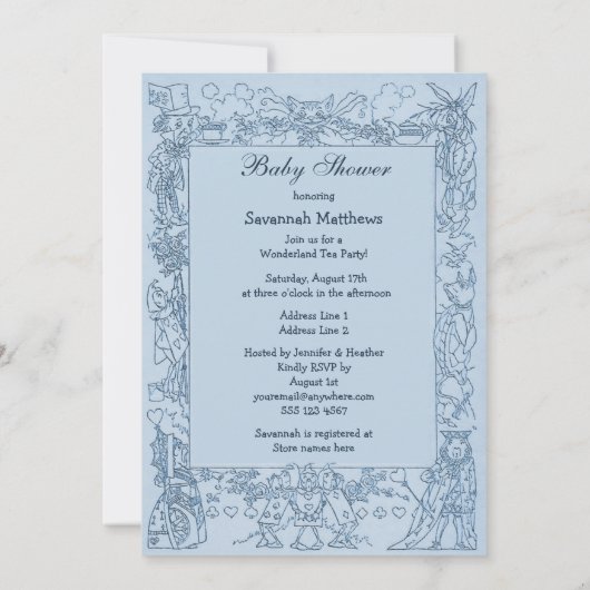 Blue Mad Hatter's Wonderland Tea Party Baby shower Kaart (Achterkant)