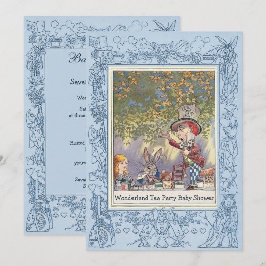 Blue Mad Hatter's Wonderland Tea Party Baby shower Kaart (Voorkant / Achterkant)