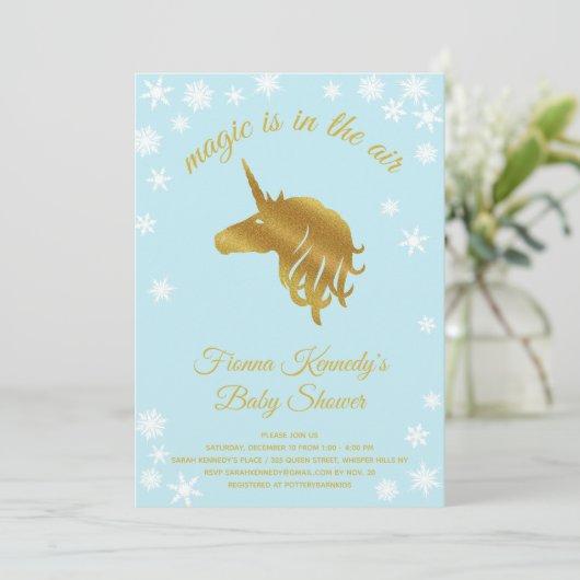 Blue Magical Unicorn Winter Baby shower Invitation Kaart (Staand voorkant)