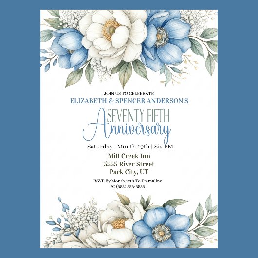 Blue Magnolia and Peony 75th Wedding Anniversary Kaart