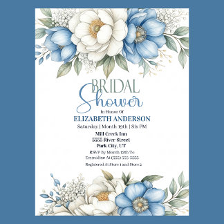 Blue Magnolia and Peony Flower Bridal Shower Kaart
