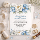 Blue Magnolia and Peony Flower Wedding Kaart