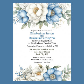 Blue Magnolia and Peony Flower Wedding Kaart