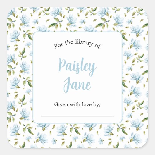 Blue Magnolias baby shower bookplate sticker (Voorkant)