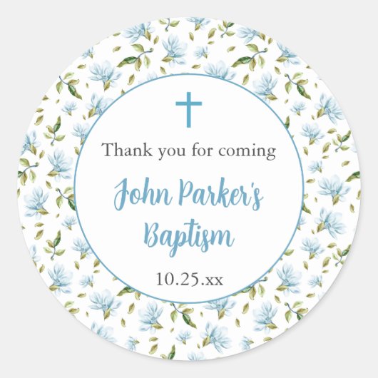 Blue Magnolias boy baptism thank you sticker (Voorkant)