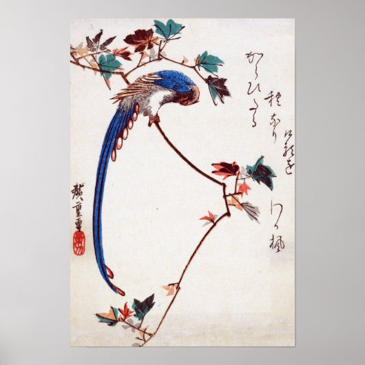 Blue Magpie op Maple Branch door Hiroshige Poster (Voorkant)