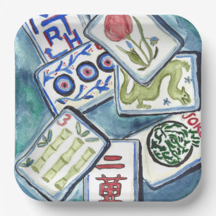 Blue Mahjong Tegels Papieren Bordje
