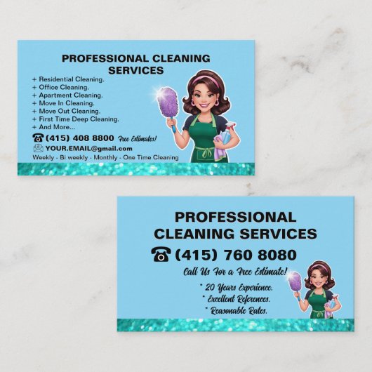 Blue Maid Janitorial Lady Schoonmaakservice Visitekaartje (Voorkant / Achterkant)