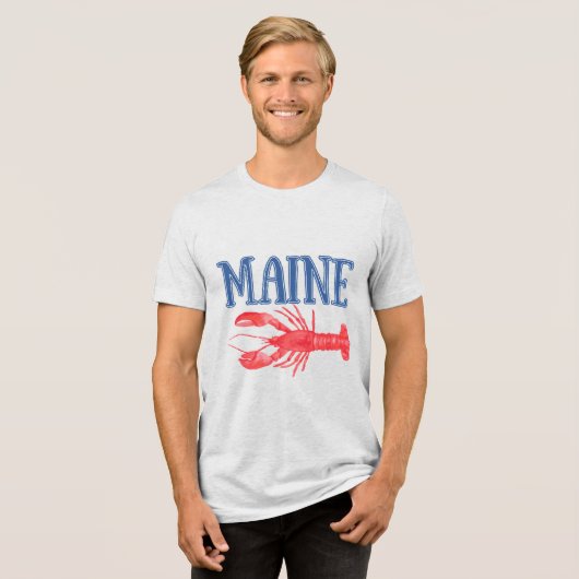 Blue Maine Tekst Rode Waterverf Kreeft Tri-Blend Shirt (Voorkant volledig)
