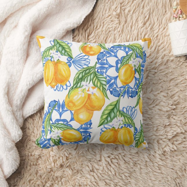 Blue Majolica Tile and Watercolor Lemons Kussen (Deken)