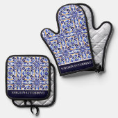 Blue Majolica Vietri blue tegels gepersonaliseerde Ovenwant & Pannenlap Set (Voorkant / Achterkant)