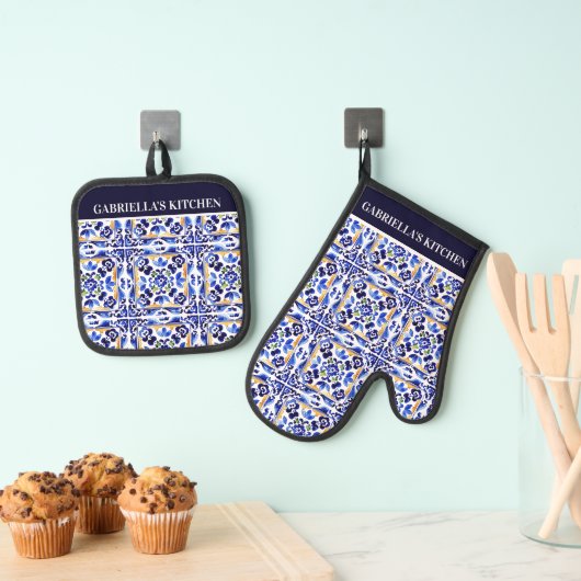 Blue Majolica Vietri blue tegels gepersonaliseerde Ovenwant & Pannenlap Set (Insitu(Ophanging))