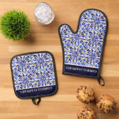 Blue Majolica Vietri blue tegels gepersonaliseerde Ovenwant & Pannenlap Set (Top down)