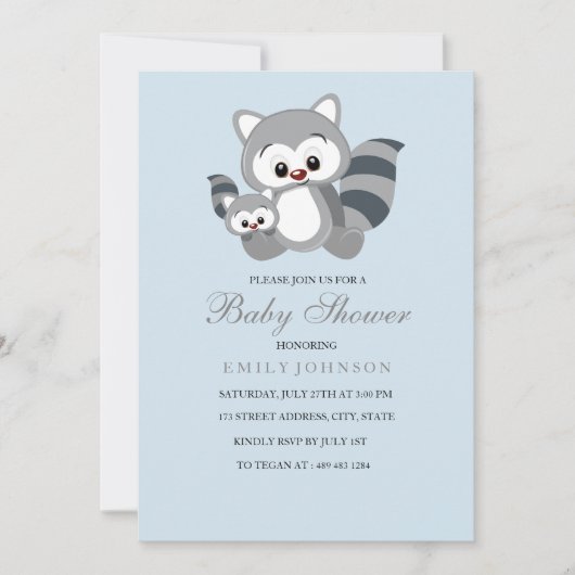 Blue Mam & Bub Racoon Boy Baby shower Uitnodiging (Voorkant)