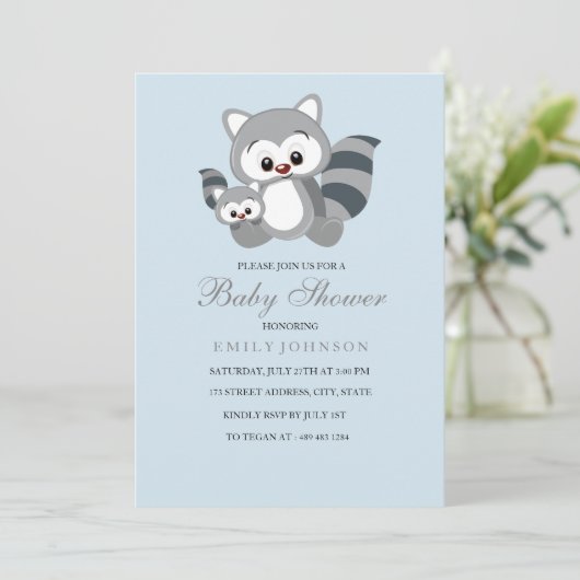 Blue Mam & Bub Racoon Boy Baby shower Uitnodiging (Staand voorkant)