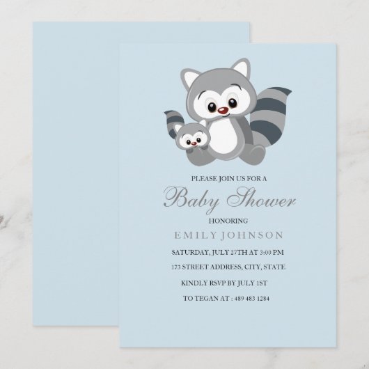 Blue Mam & Bub Racoon Boy Baby shower Uitnodiging (Voorkant / Achterkant)