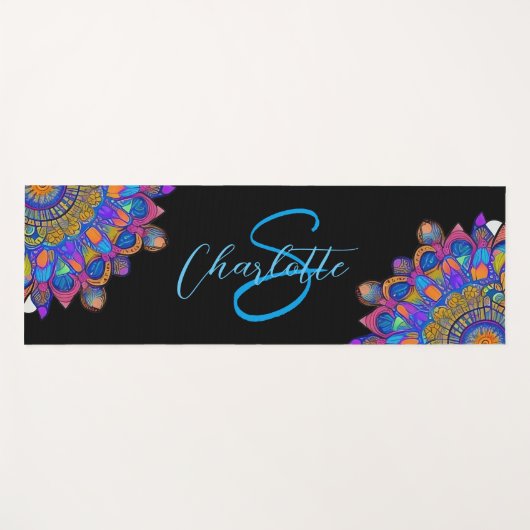 Blue Mandala Boho Monogram Yoga Mat (Voorkant (horizontaal))
