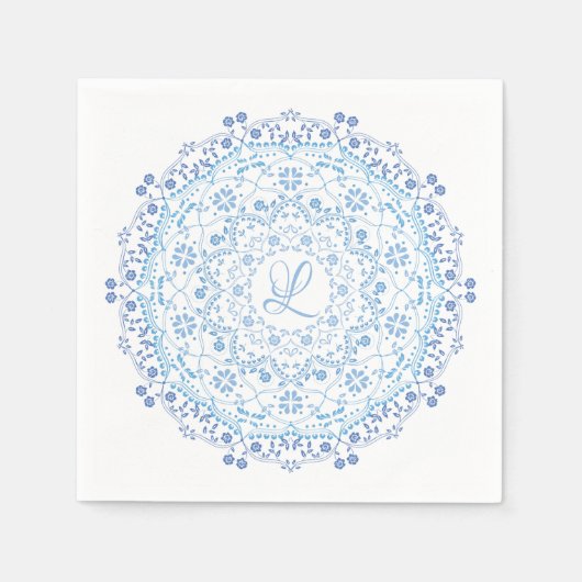 Blue Mandala Editable Initiaal Paper Napkin Servet (Voorkant)