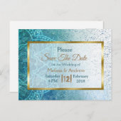 Blue Mandala en Gold Save the Date Briefkaarten (Voorkant / Achterkant)