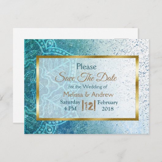 Blue Mandala en Gold Save the Date Briefkaarten (Voorkant / Achterkant)
