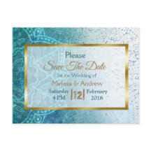 Blue Mandala en Gold Save the Date Briefkaarten