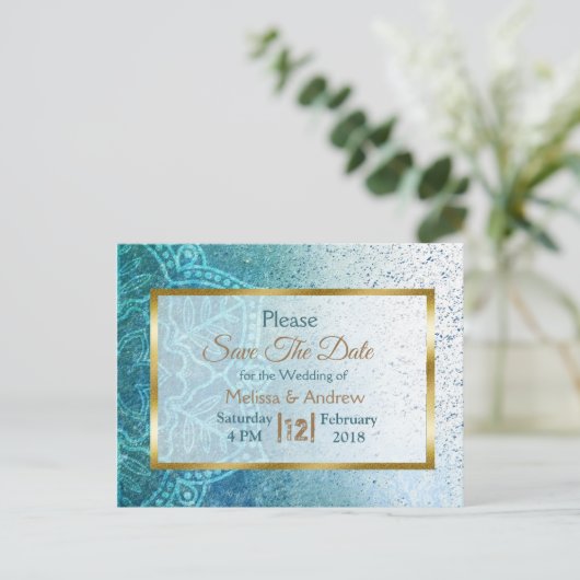 Blue Mandala en Gold Save the Date Briefkaarten (Staand voorkant)