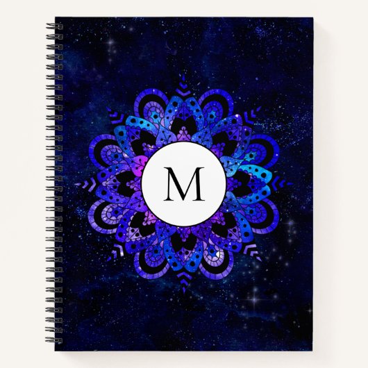 Blue Mandala Galaxy Boho Chic Waterverf Monogram Notitieboek (Voorkant)