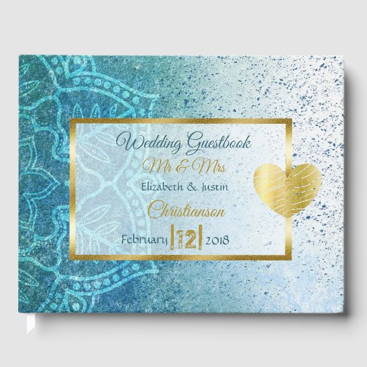 Blue Mandala Gold Heart Wedding Book Gastenboek (Voorkant)