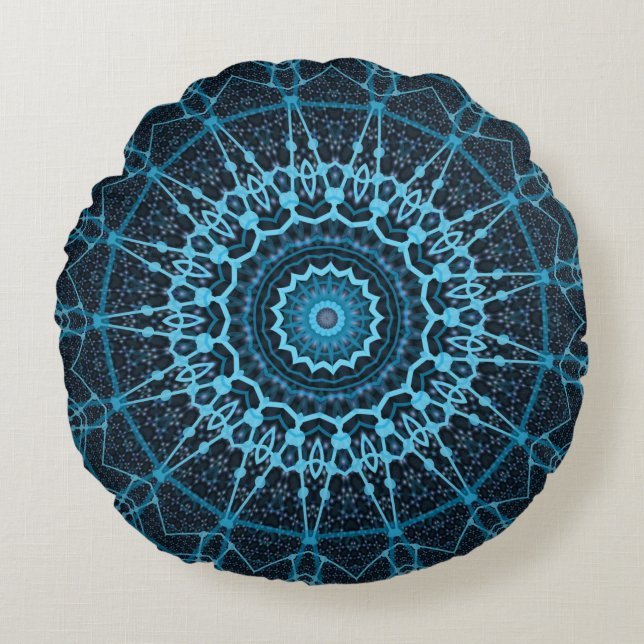 Blue Mandala Net Retro Hippie Trippy Boho Chic Rond Kussen (Voorkant)