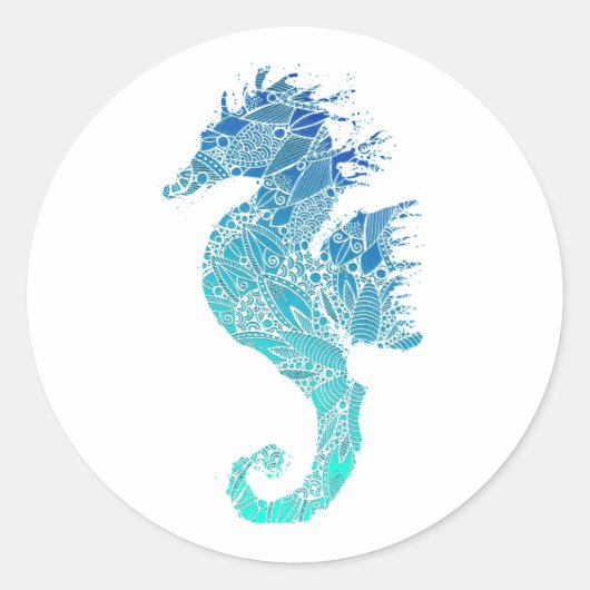 Blue Mandala Pattern Seahorse Ronde Sticker (Voorkant)