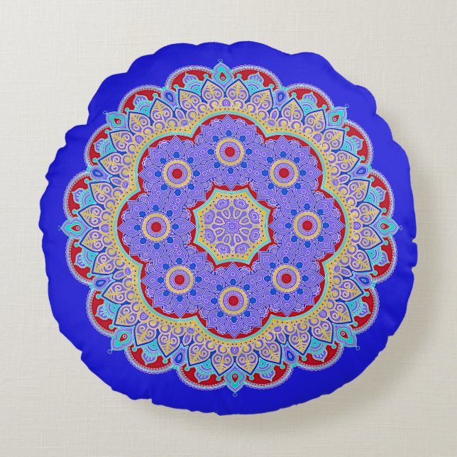 Blue Mandala Round Pillow Rond Kussen (Voorkant)