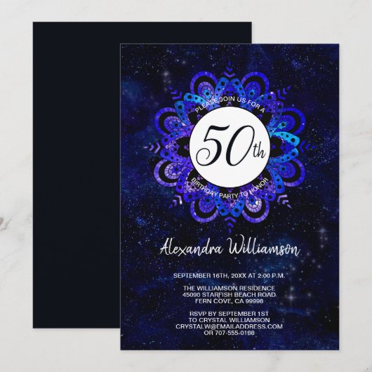 Blue Mandala Space Stars Boho 50th Birthday Party Kaart (Voorkant / Achterkant)