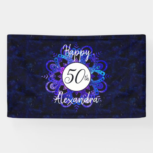 Blue Mandala Space Stars Boho 50th Birthday Party Spandoek (Horizontaal)