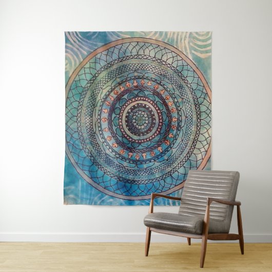 Blue Mandala Tapestry Wandkleed (In situ)