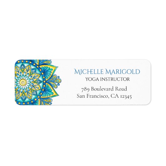 Blue Mandala Yellow Floral Return Address Etiket (Voorkant)