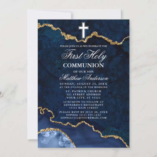 Blue Marble Agate Geode Foto eerste Heilige Commun Kaart (Voorkant)