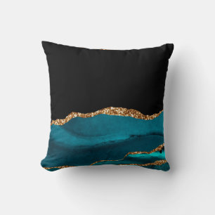 Blue Marble Agate Glamoureuze Zwarte Gouden Glitte Kussen