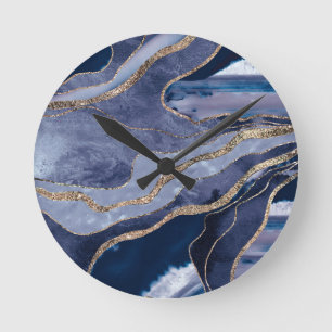 Blue Marble Agate Gold Glitter Glam #1  Ronde Klok