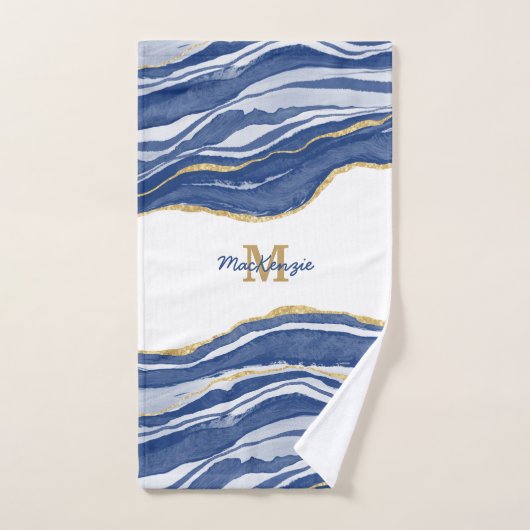 Blue Marble Agate Gold Glitter Monogram Bad Handdoek (Handdoek)