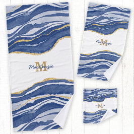 Blue Marble Agate Gold Glitter Monogram Bad Handdoek