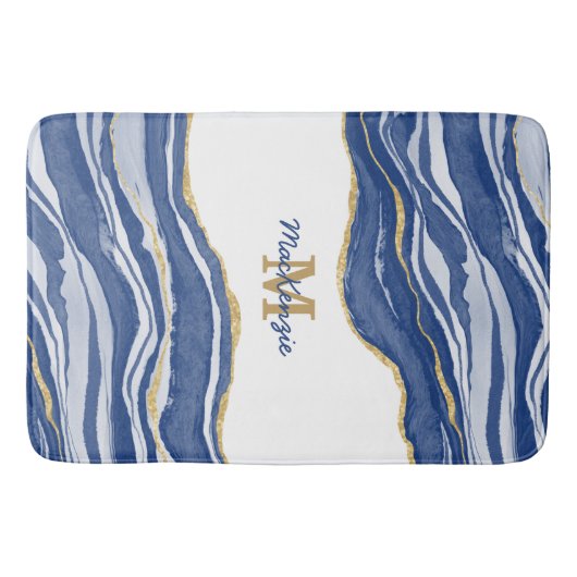 Blue Marble Agate Gold Glitter Monogram Badmat (Voorkant)