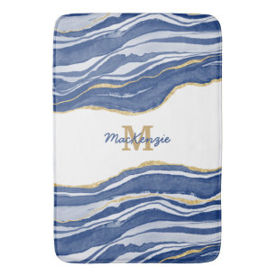 Blue Marble Agate Gold Glitter Monogram Badmat