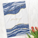 Blue Marble Agate Gold Glitter - op maat gemaakt Theedoek<br><div class="desc">Elegant marmer blauw marmer van de marine met faux goudglitter. Verander de naam om aan te passen.</div>