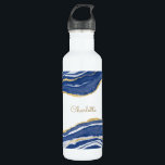 Blue Marble Agate Gold Glitter - op maat gemaakt Waterfles<br><div class="desc">Indigo blauwe waterverf is een prachtig vormgegeven met faux gouden glitter-details. Verander de naam om aan te passen.</div>