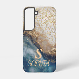 blue marble chic gold glitter monogram samsung galaxy hoesje