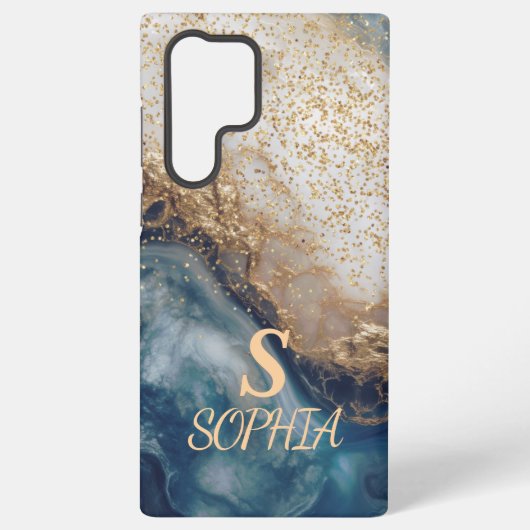 blue marble chic gold glitter monogram samsung galaxy hoesje (Achterkant)