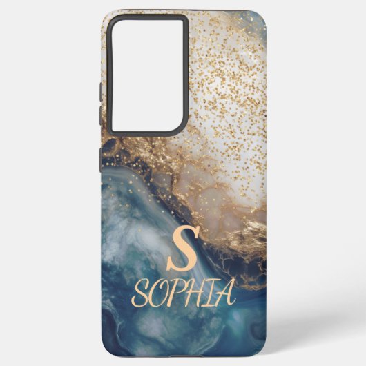 blue marble chic gold glitter monogram samsung galaxy hoesje (Achterkant)
