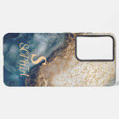 blue marble chic gold glitter monogram samsung galaxy hoesje (Linkerkant)