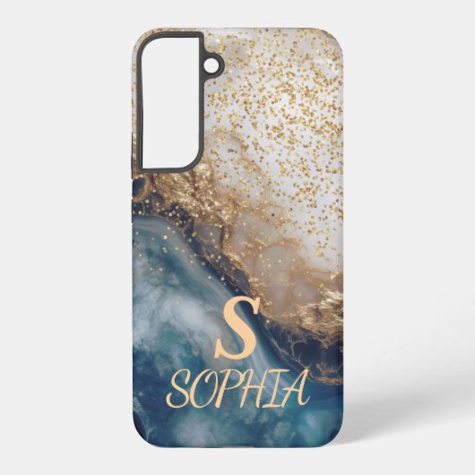 blue marble chic gold glitter monogram samsung galaxy hoesje (Achterkant)